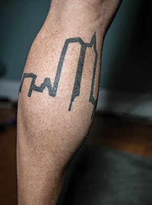A consummate New Yorker, Kahlil Gonzalez has a tattoo of the pre-9/11 World Trade Center on his calf.