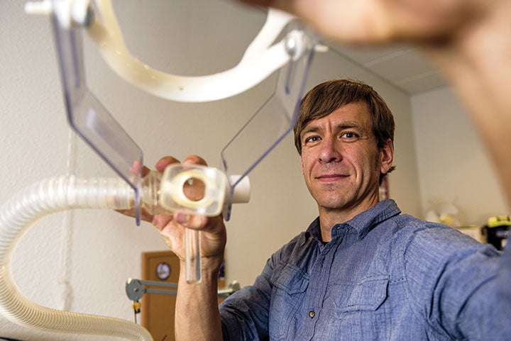 Though Jason Koop coaches his athletes remotley, they come to his office for testing. This mask measures the amount of oxygen and carbon dioxide an athlete breathes out during peak exertion, in order to calculate VO2 max.