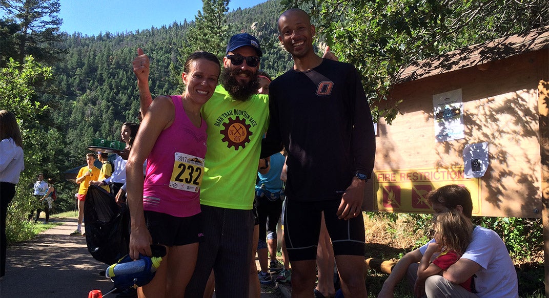 Addie Bracy (Left), Race Director Peter Maksimow (Centre) and 2016 World Mountain Running Champion, Joe Gray (Right), 2017 BTMR Race Champions. They both were on the Gold and Team Bronze Medal-winning, respectively, Team USA Mountain Running just a few days ago in Premana, Italy. Photo courtesy of Peter Maksimow.