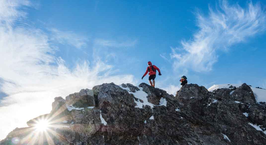 The North Face Athletes Mike Foote and Mike Wolfe descend Northover Peak during their Crown Traverse Expedition, which crossed 13 mountain ranges in 600 miles.