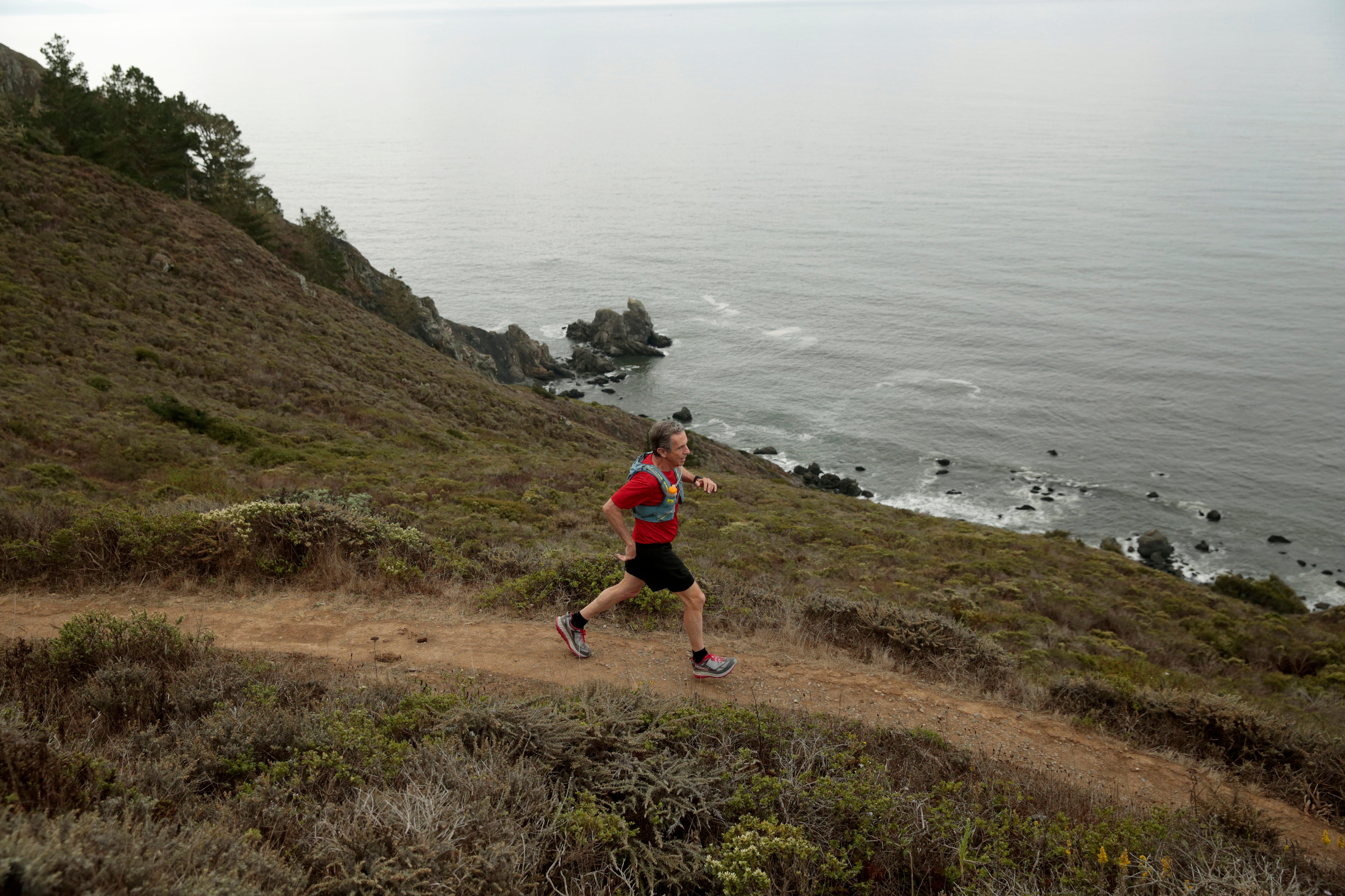 Ultramarathon runner Eric Spector, 71, of Palo Alto, trains on Owl Trail in Muir Beach, California, on Wednesday, October 3, 2018. On November 3rd, Eric will run Rio de Lago, a 100-mile trail run with 13,500 feet of elevation gain as he tries to qualify for the 2019 Western States 100 Mile Endurance Run, the granddaddy of ultramarathons. CREDIT: Ramin Rahimian for The Wall Street Journal