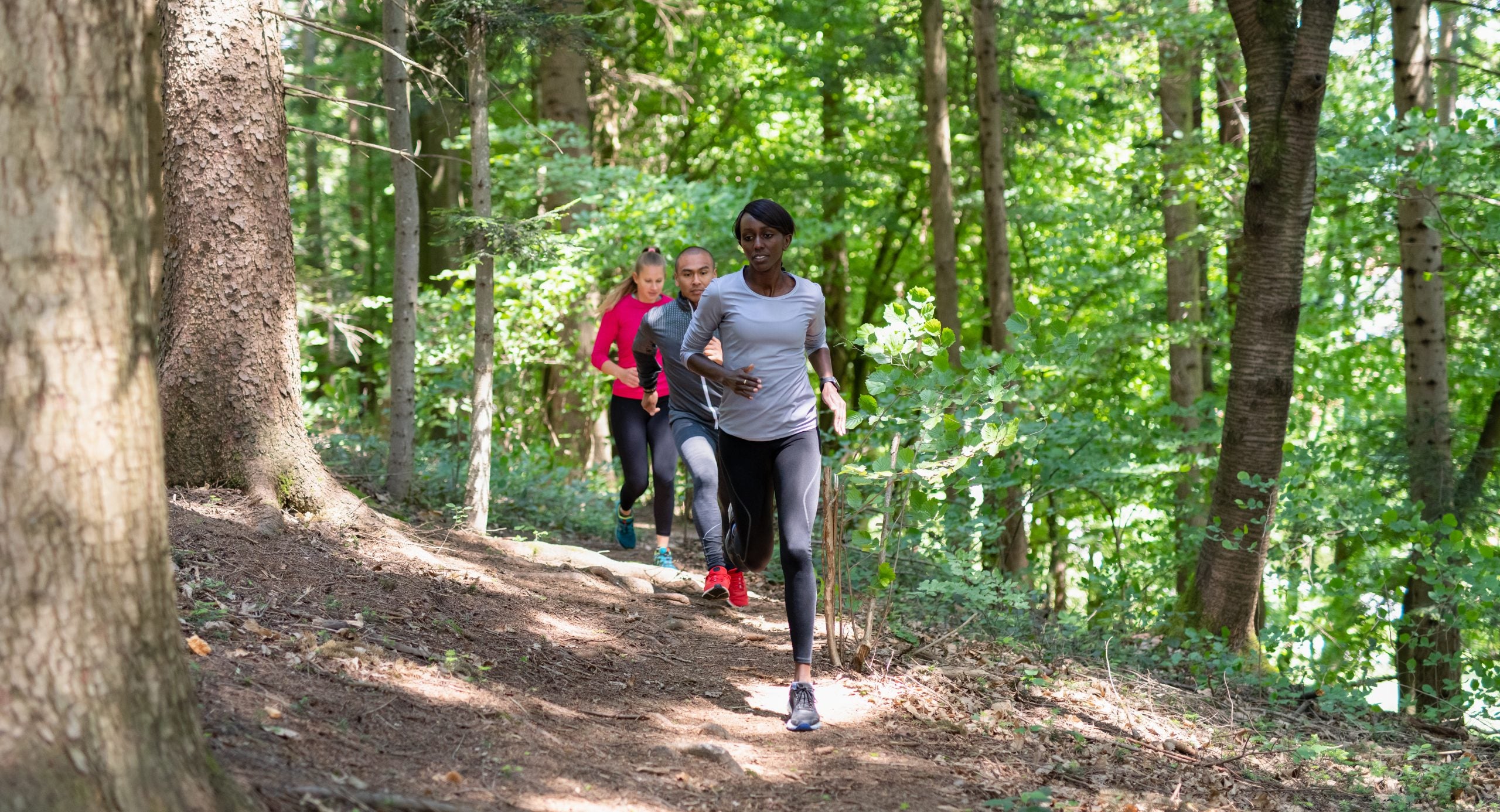 Group of people running in a forest on a sunny day.