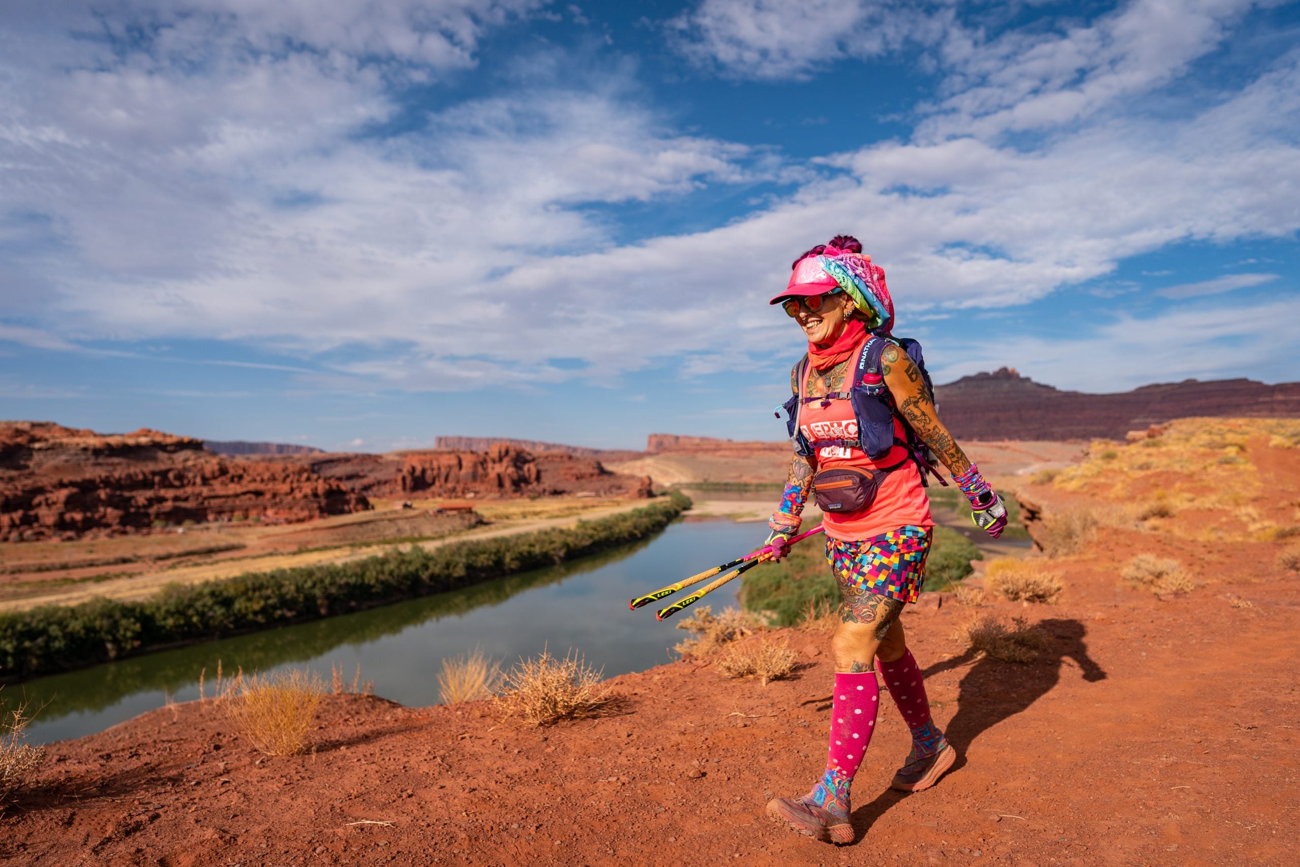 Catra Corbett above the

Colorado River in the remote
Hurrah Pass section on day
one of the 2020 Moab 240. Howie Stern. 
