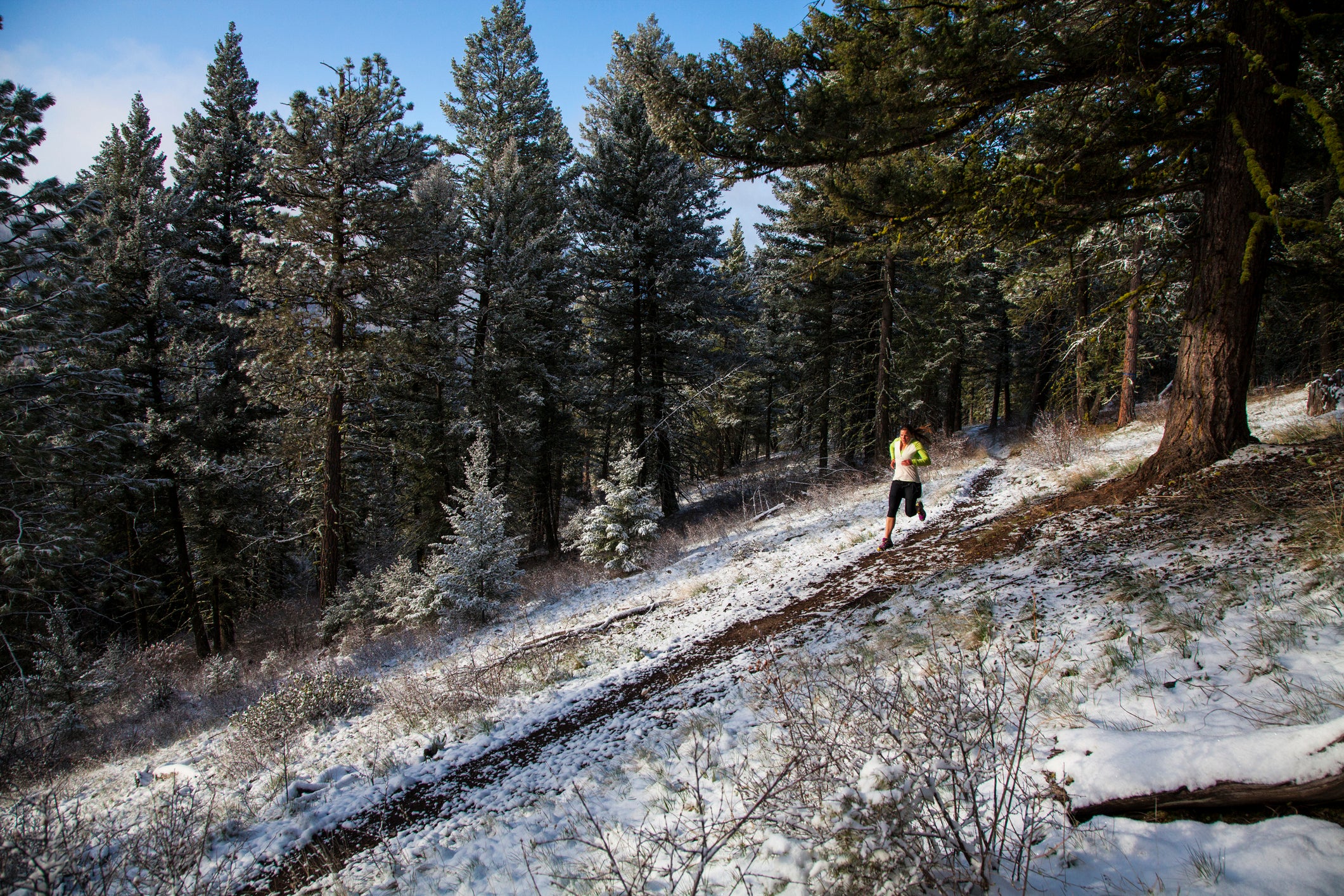A woman enjoying an early spring morning run in the snow up Woods Gulch, Montana.
