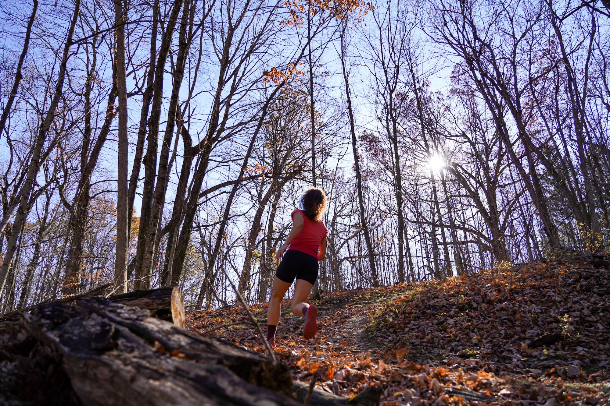 a runner in a red shirt heads up a trail with the sun cutting through the trees.