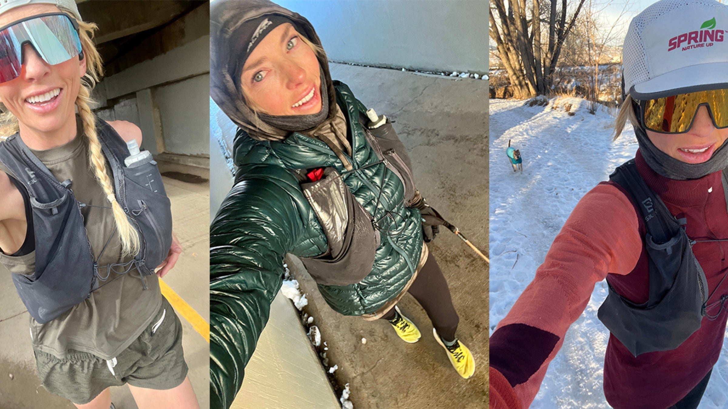 A triple image spread of a woman taking selfies of her running streak