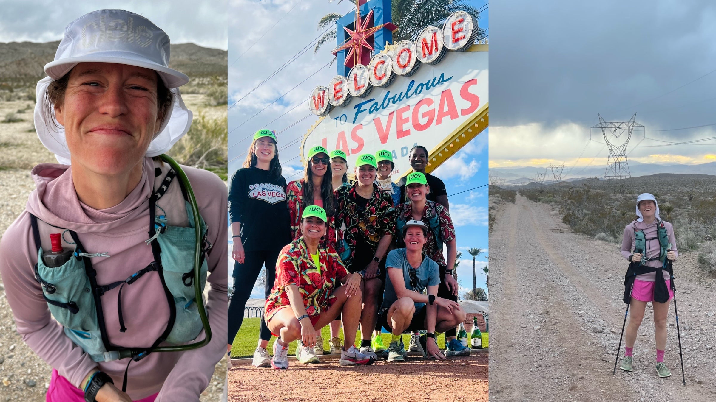Runners travel from Santa monica to Las vegas. This is a triple photo of Lucy's run