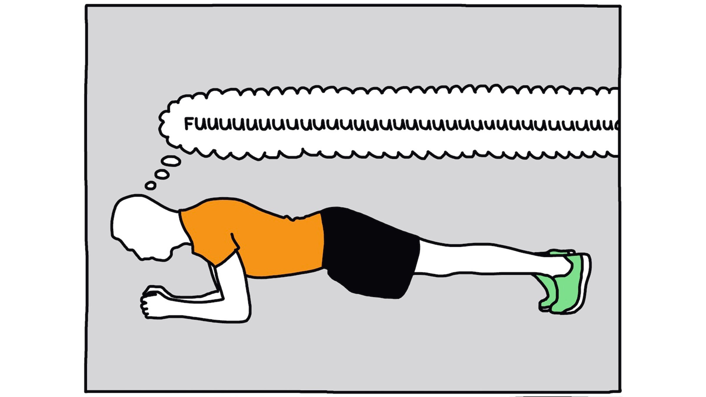 Illustration of a person doing a plank with a thought bubble that says "FUUUUUUUUUUU"