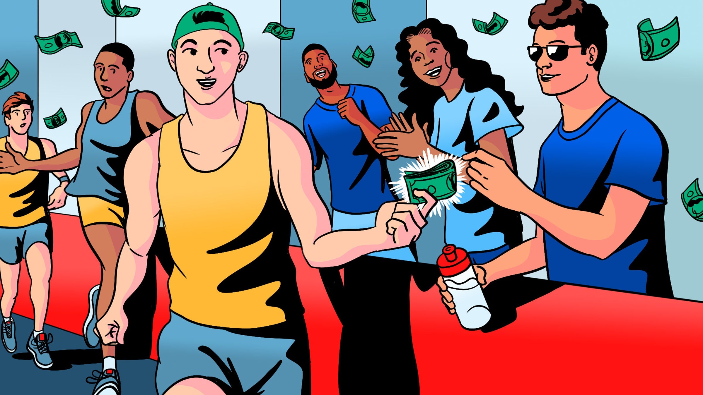 illustration of an athlete giving cash to someone handing them water
