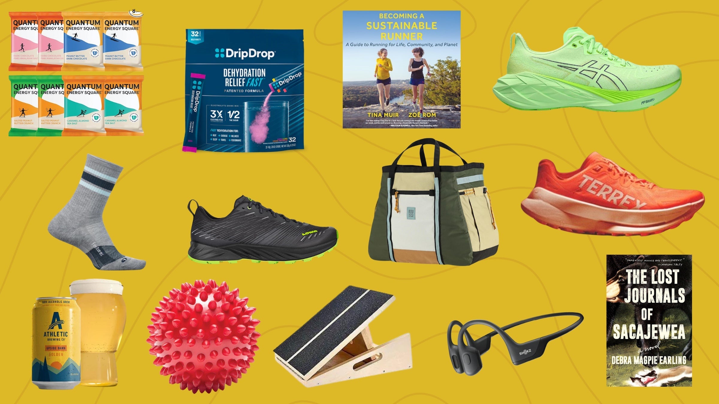 A collage of running gear with a yellow backdrop.